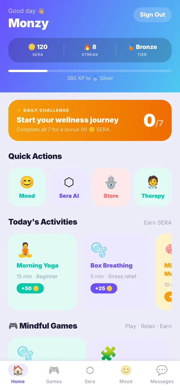 SeraLink Home screen